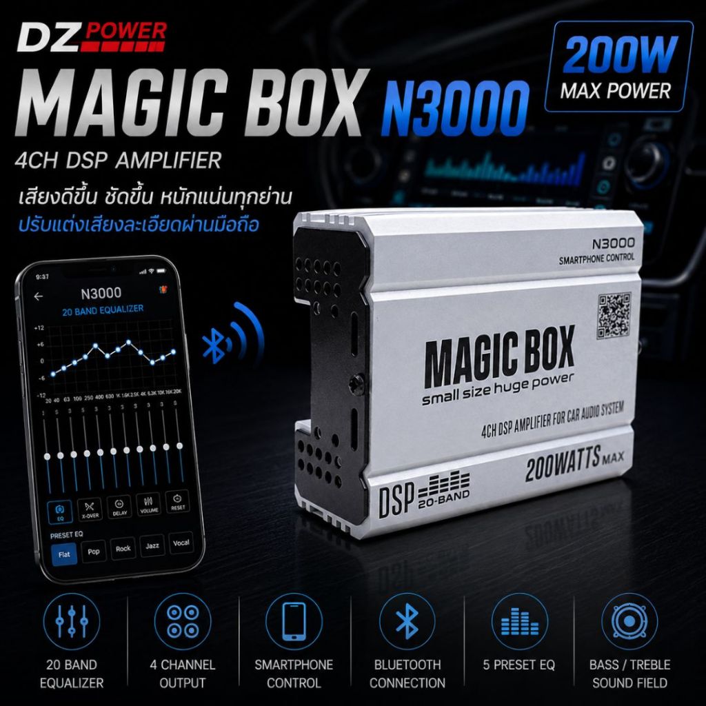 DZ POWER N3000 แอมป์ DSP 4CH 200W แมจิกบ็อกซ์อัปเกรดจอแอนดรอยด์เสียงแน่นจูนละเอียด 20Band ผ่านมือถือ