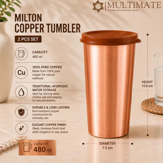 Milton - แก้วน้ำทองแดง + ฝาปิด 480ml กระติกน้ำทองแดง ขวดทองแดงอินเดีย