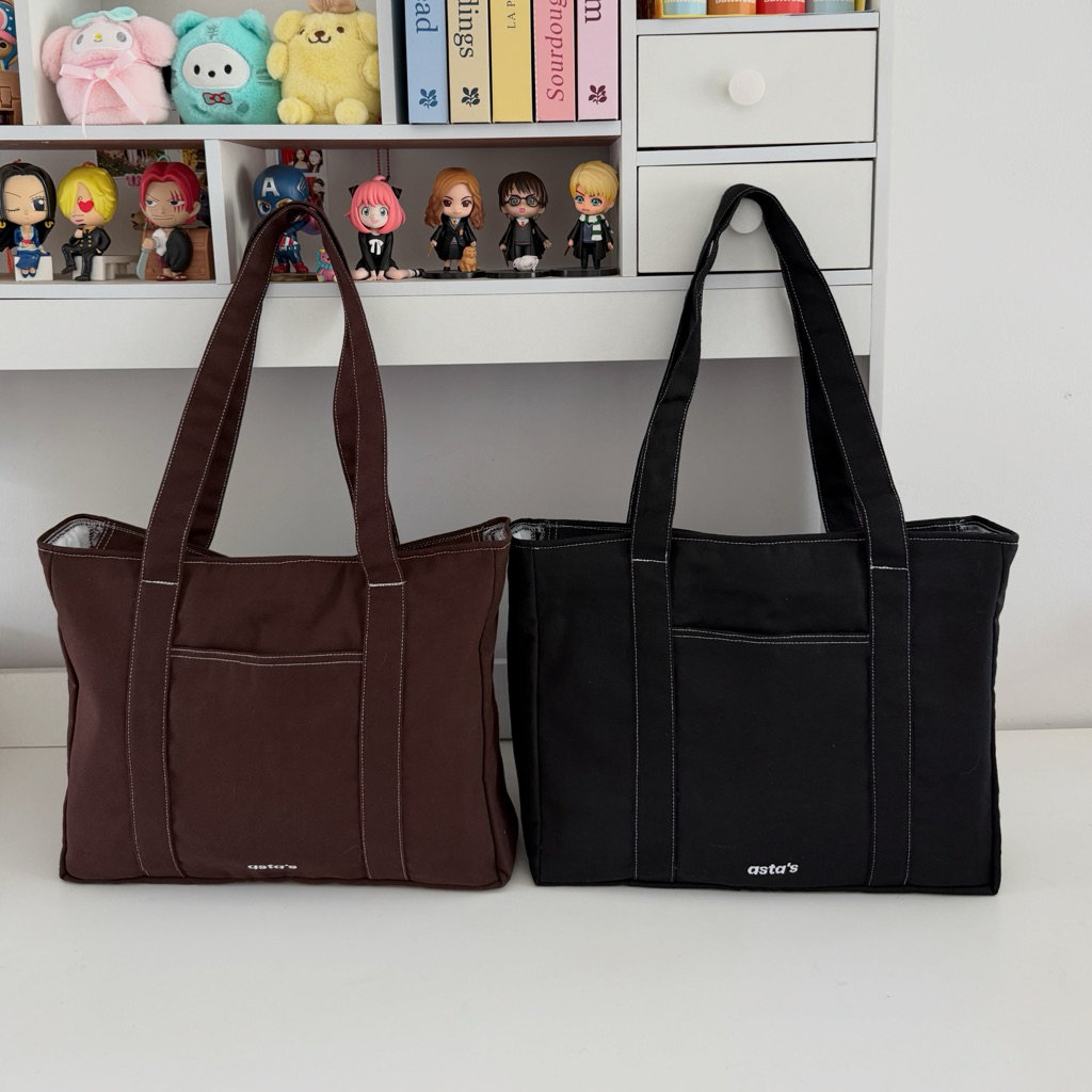 กระเป๋าแบกบ้านดีเทลด้ายตัด ASTA'S ALL DAY TOTE ✨🤎🖤 ใบใหญ่ ผ้าหนา ทรงสวย