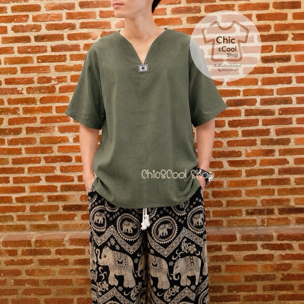 เสื้อพื้นเมือง ผ้าฝ้ายสาลูแขนสั้น   เนื้อผ้านิ่ม ใส่สบาย