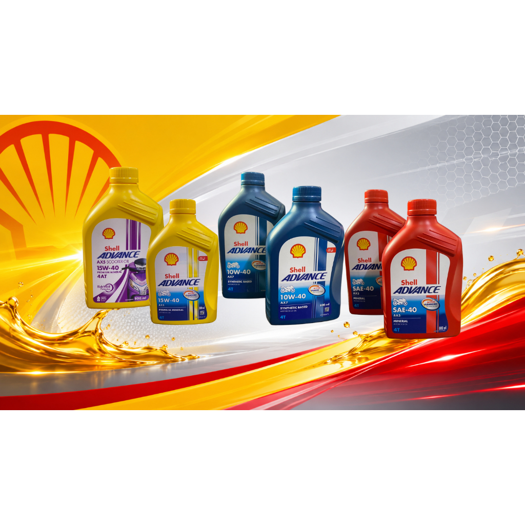 รวมน้ำมันเครื่องShell  ADVANCE AX3/AX7/AX5 15W/40/SAE-40/ 10W-40 รถ4T/SCOOTER OIL ขนาด0.8-1L
