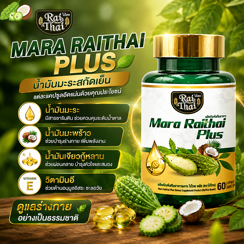 Raithai Mara Plus ไร่ไทย น้ำมันมะระสกัดเย็น มะระ มะระขี้นก แพ็ค 2 ขวด 1 ขวด 60 เม็ด