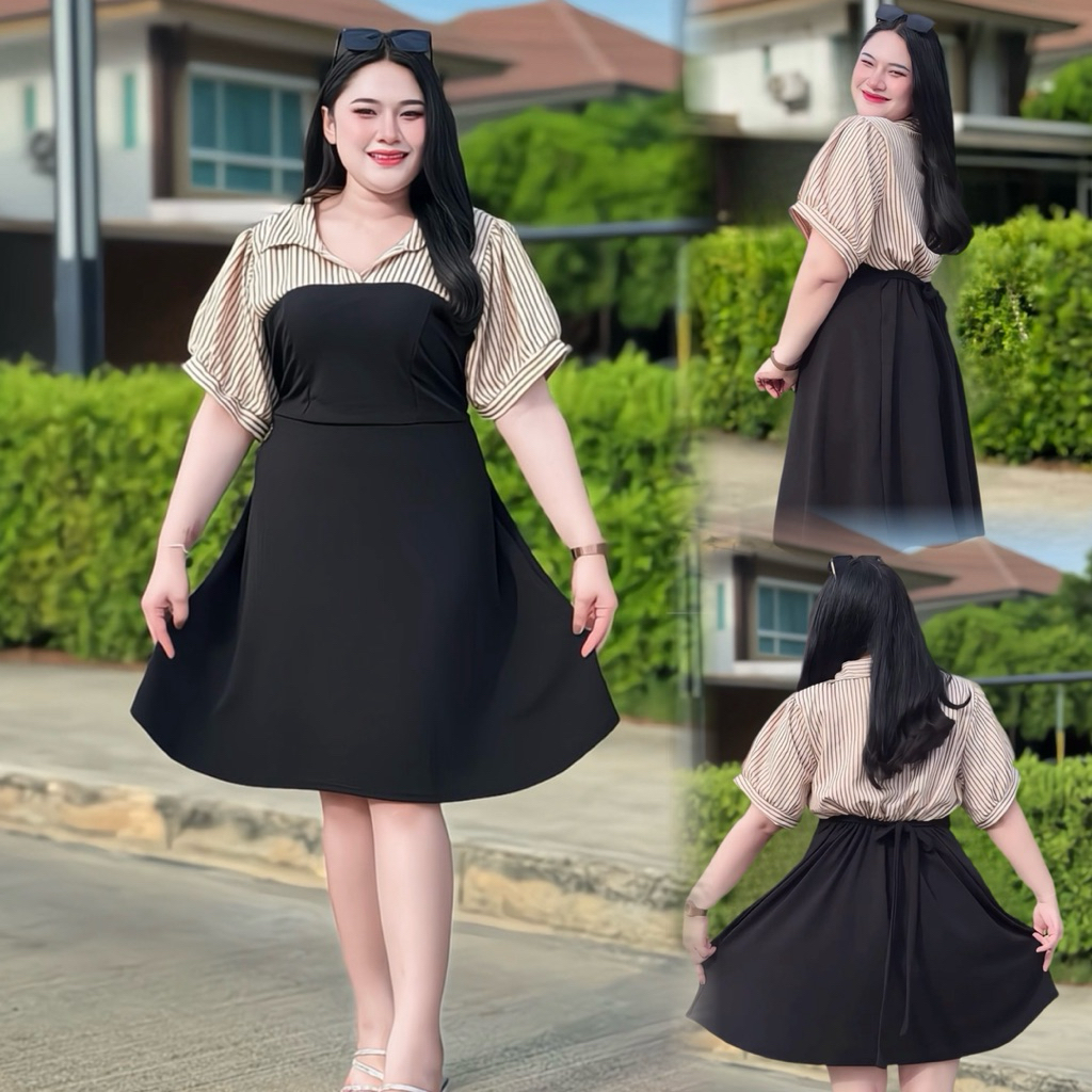 S223เดรสทูโทนคอปกลายริ้ว รอบอก44-56 มียางสม็อกโบว์ผูกเอวด้านหลัง ผ้าช๊อกเกอร์&ผ้าวูลเวฟ ใส่เที่ยวหรือออกงานได้