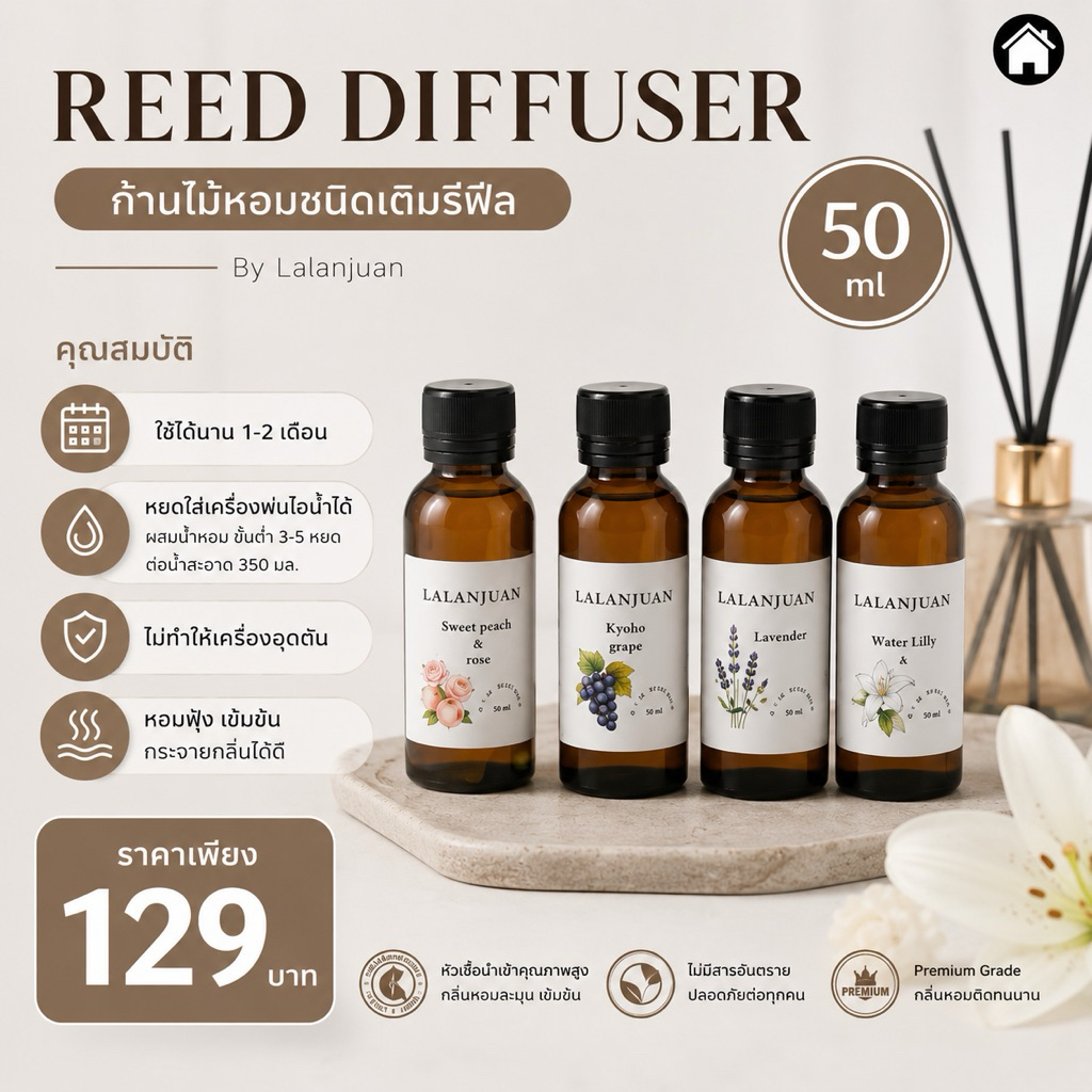 ขวดเติมรีฟีล หอมมาก  Reed Diffuser Lalanjuan หยดเครื่องพ่นได้ ก้านไม้หอมกระจายกลิ่นชนิดรีฟีล หอมนาน 30 วัน