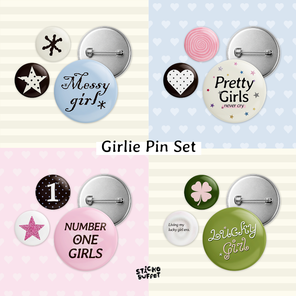 Girlie Pin Set เซ็ทเข็มกลัด 3 ชิ้น ขนาด 32, 58 mm. Button Badges เข็มกลัดลายน่ารักคอลเลคชั่น Girlie | STICKO BUFFET