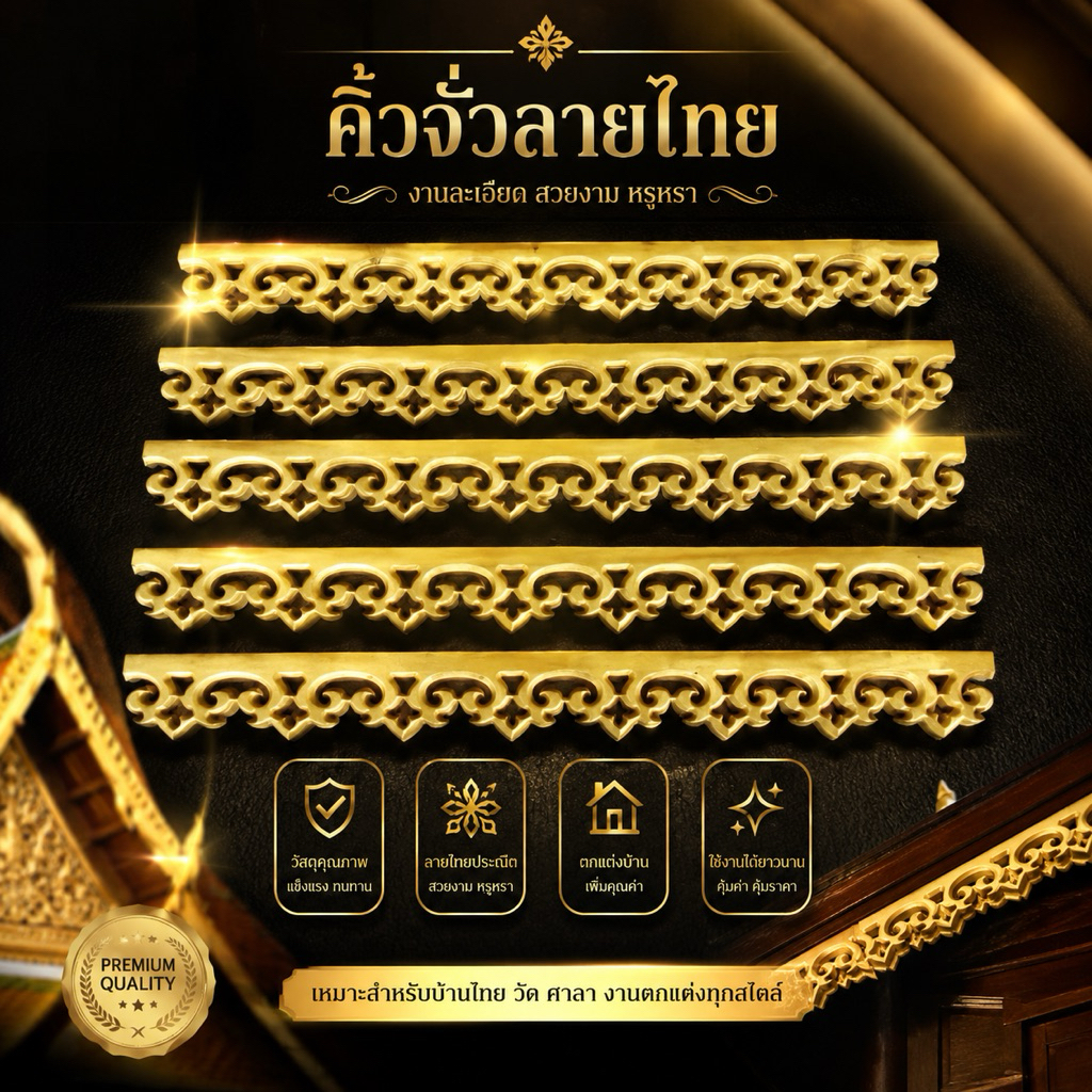 ฉลุเชิงชายหยดน้ำชายคาลายพิกุลใหญ่ขนาดกว้าง4นิ้วยาว1เมตรจำนวน10แผ่น