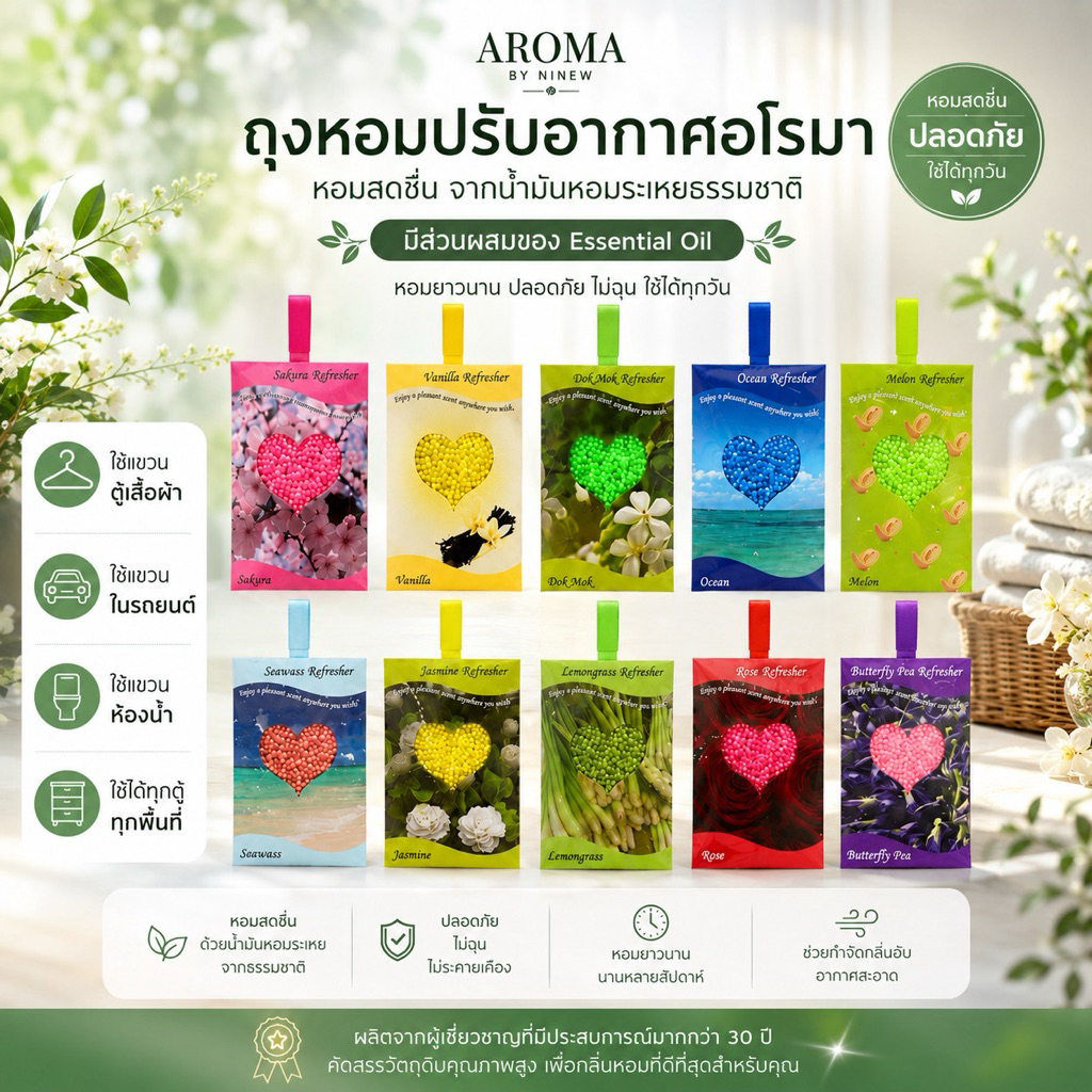 🌸🍃ถุงหอมอโรม่าปรับอากาศ สินค้าไทยมีส่วนผสมของน้ำมันหอมระเหยแท้100%💕