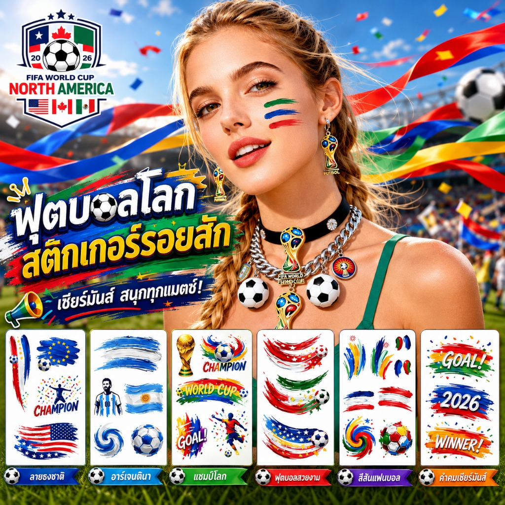 แทททูฟุตบอลโลก สติ๊กเกอร์ติดหน้า รอยสัก กันน้ำ กันเหงื่อ 100% ลายธงชาติ/ฟุตบอล Sticker Tattoo