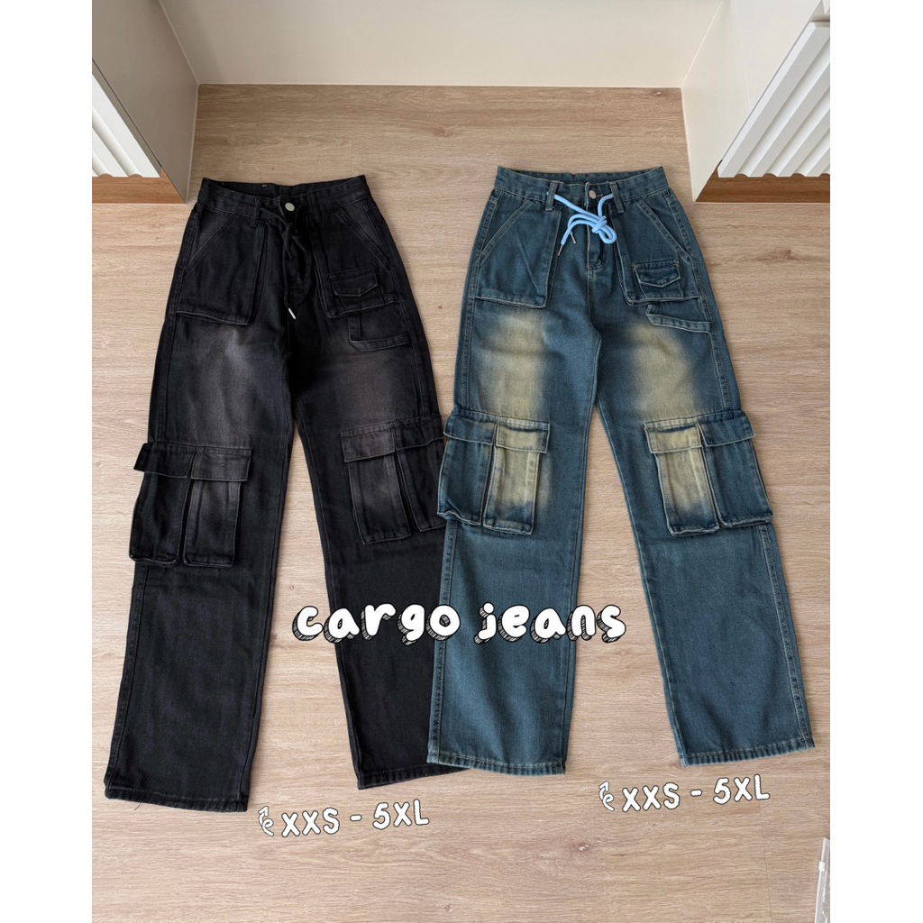 CHANA • Cargo กางเกงยีนส์ขากระบอกกลาง ใส่ได้ชายหญิง ผ้าไม่ยืด F002