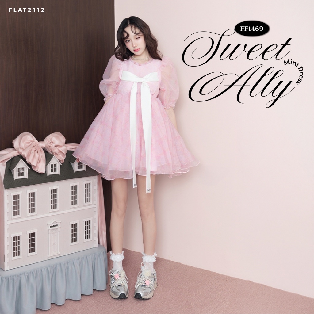 FLAT2112 : SWEET ALLY MINI DRESS เดรสผู้หญิงโทนชมพูหวาน ดีไซน์แขนพองซีทรูเพิ่มความละมุน กระโปรงทรงฟู (FF1469)