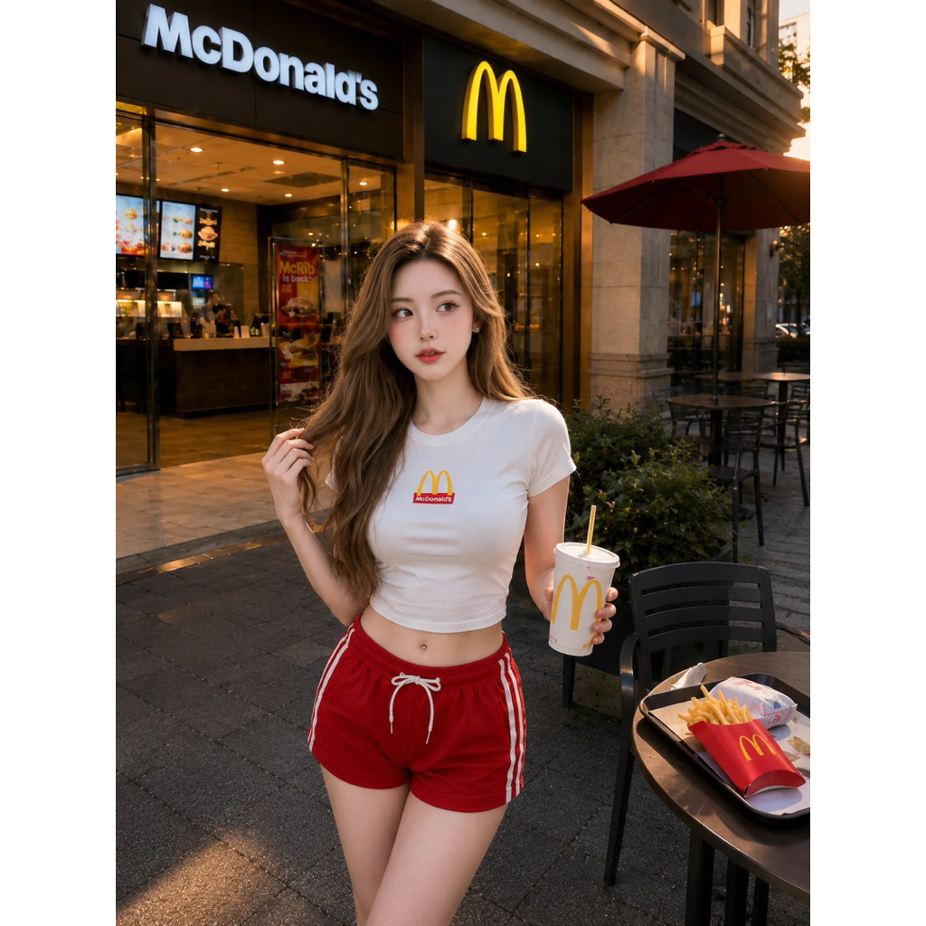 ชุดเซ็ตเสื้อทรงเข้ารูป + กางเกงขาสั้นแต่งแถบ ใส่แล้ว หุ่นสวยมาก ผ้านิ่มใส่สบาย (ขาว+แดง)