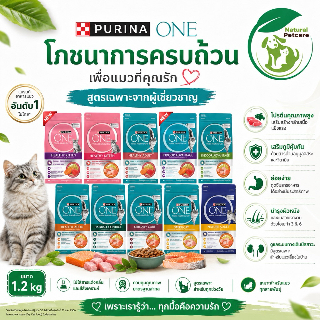 อาหารแมว Purina ONE ขนาด 1.2 kg ดูแลสุขภาพครบถ้วน มี 10 สูตรให้เลือก