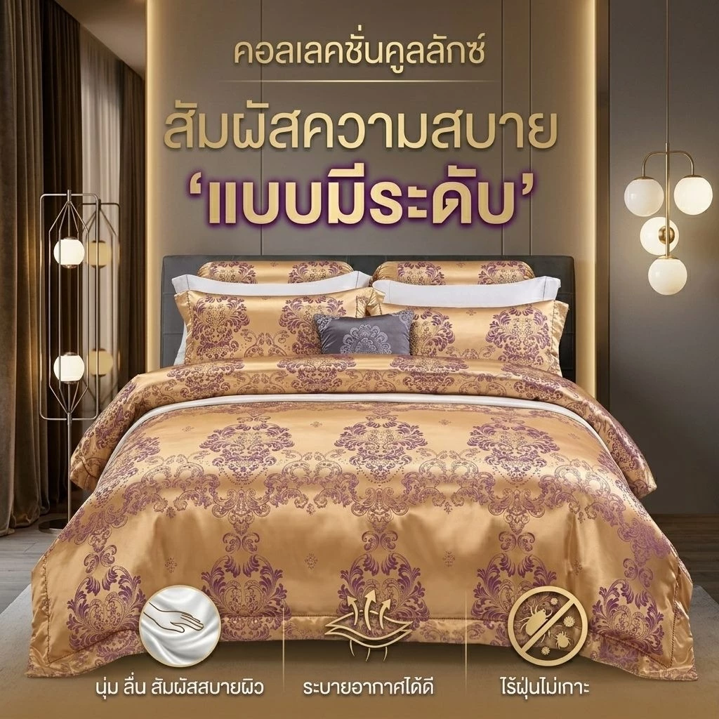 ชุดผ้าปูที่นอนผ้าแพรครบเซต6ชิ้น คอลเลคชั่นคูลลักซ์ สั่มผัสนุ่มลื่น สบายผิว ระบายอากาศได้ดี ห่มเย็นสบาย ปลอดฝุ่นละออง มี