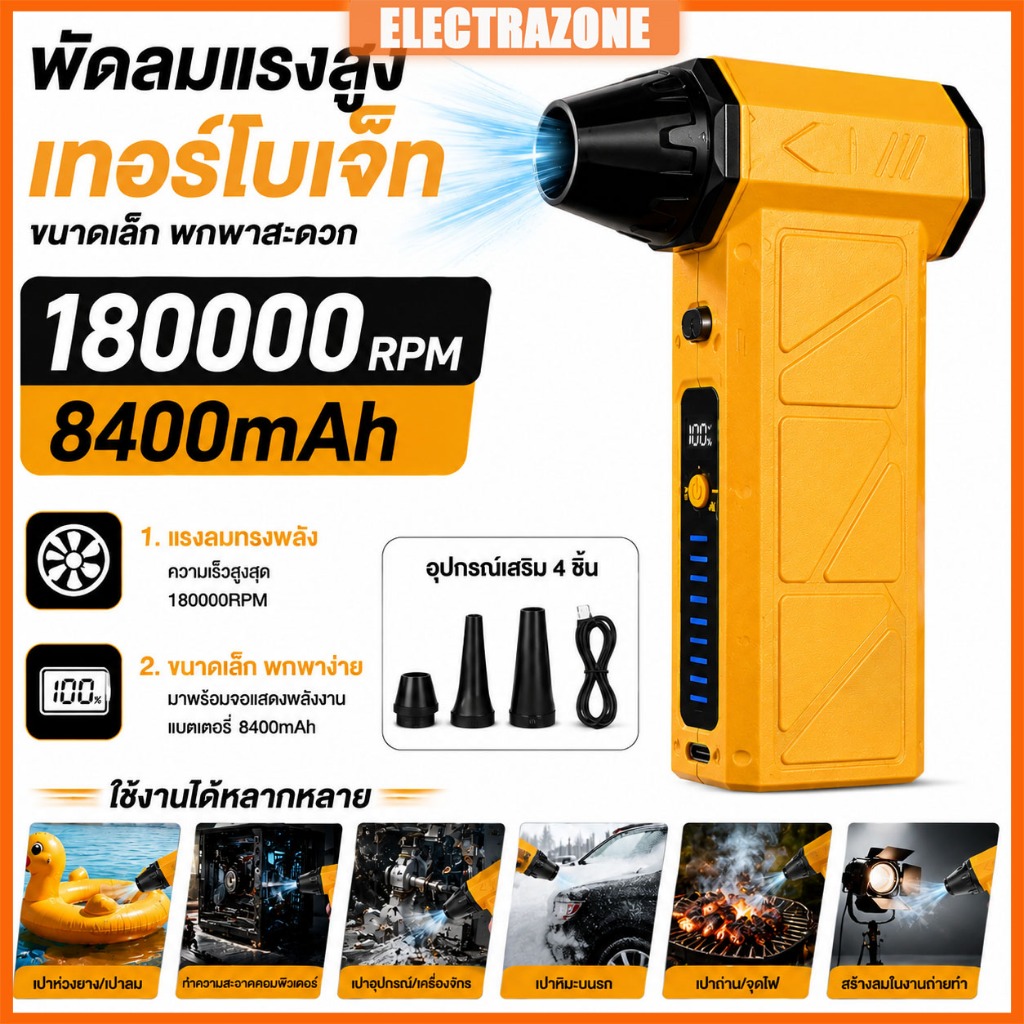 เครื่องเป่าลมไร้สาย 180000RPM พัดลมเทอร์โบเจ็ท พลังลมแรงสูง 160m/s ปรับได้ 4 ระดับ สำหรับทำความสะอาดคอมพิวเตอร์ รถยนต์