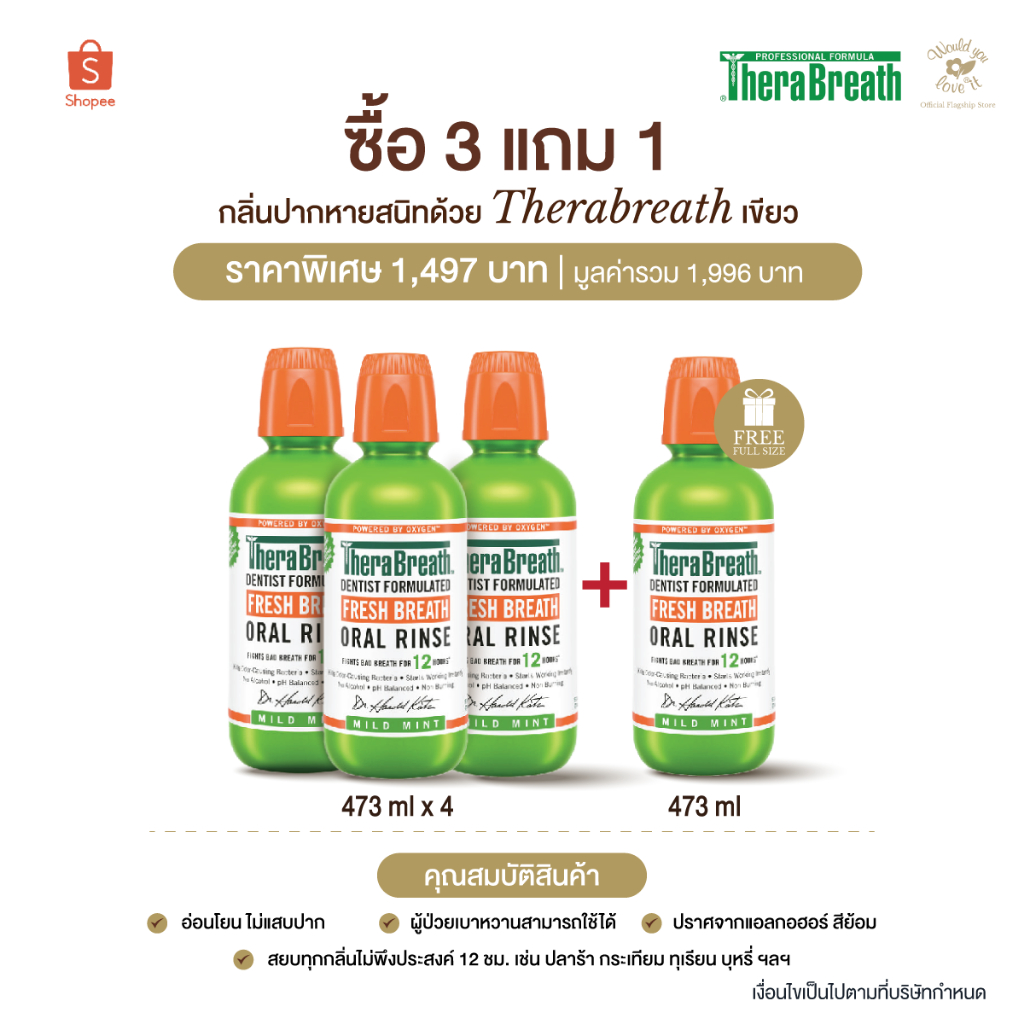 TheraBreath เธอร์ร่าเบรธ FRESH BREATH ORAL RINSE MILD MINT 473 ML ( ซื้อ 3 แถม 1 )
