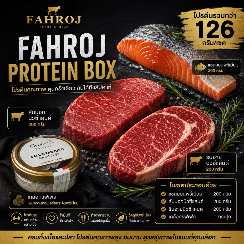 FAHROJ Protein Box โปรตีน 126 กรัม เนื้อริบอายนิวซีแลนด์ สันนอกนิวซีแลนด์ แซลมอนพรีเมียม พร้อมเกลือทรัฟเฟิล