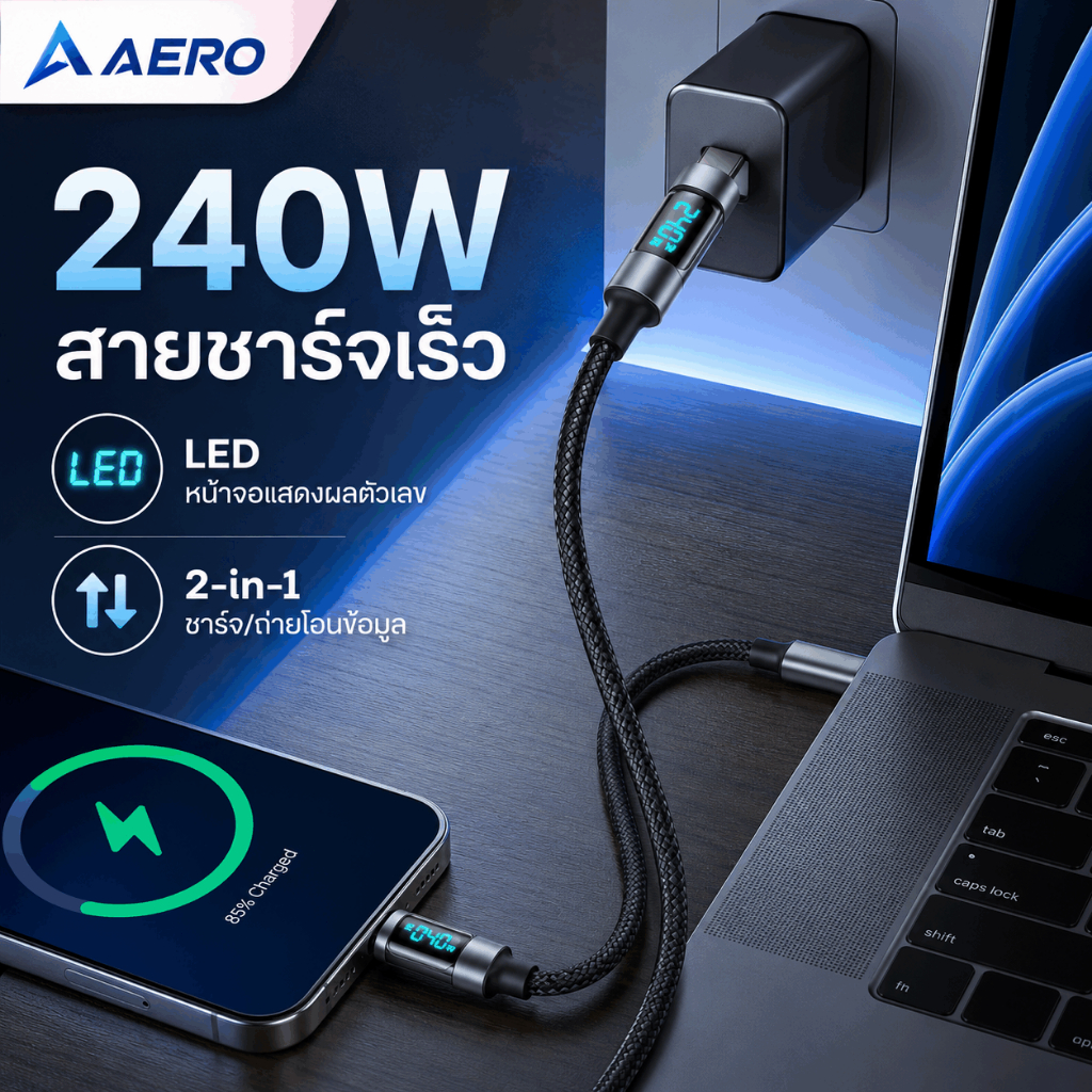 AERO 6A 240W สายเคเบิล USB ถึง Type-C พร้อมจอแสดงผลแบบดิจิทัล สายชาร์จเร็ว A ถึง C สำหรับ IOS