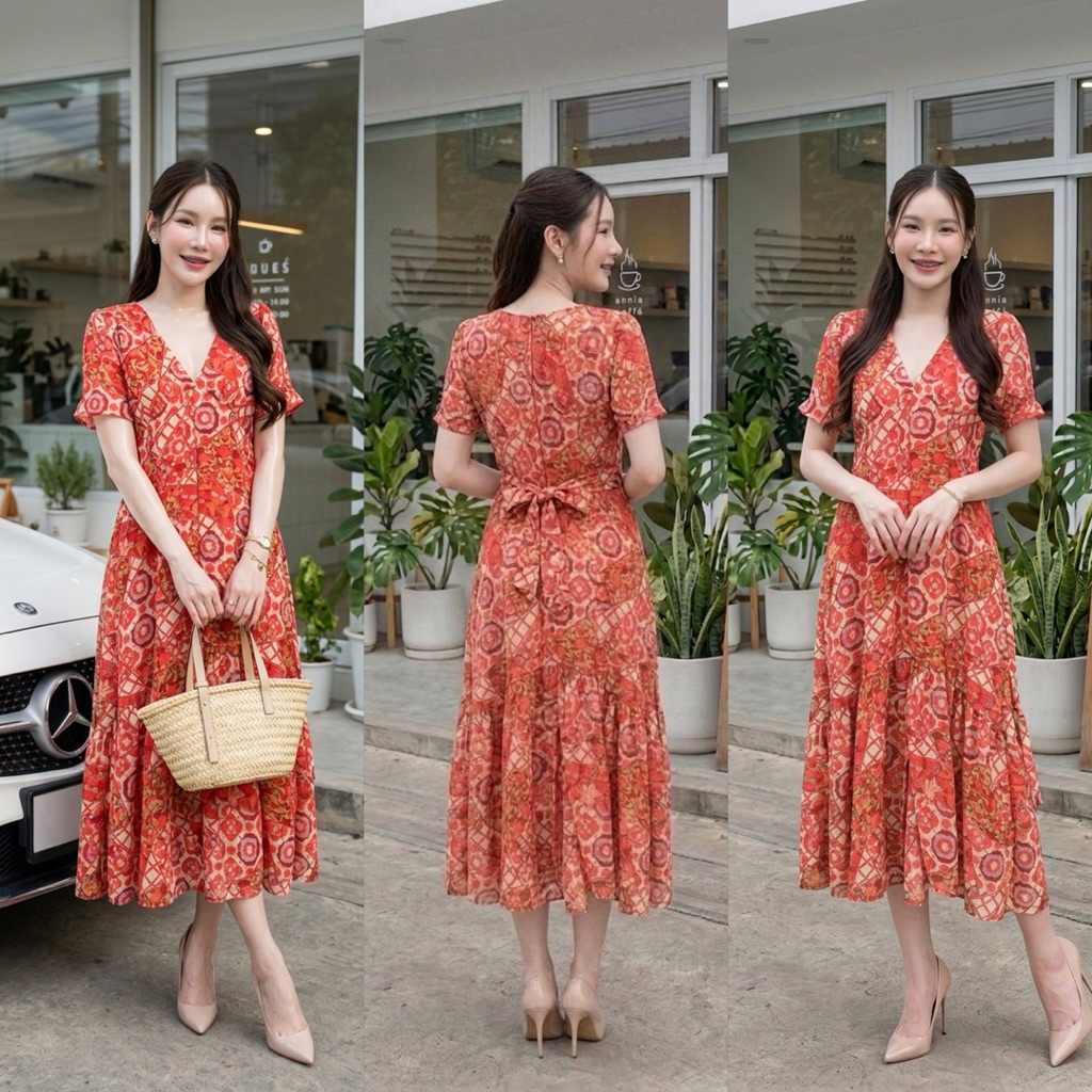 ชุดเดรสยาวผ้าชีฟอง รหัส No. 57 คอวีแขนกระบอกจับจีบทวิตกระโปรงทรงหางปลาผ่าหน้าความยาว 50 นิ้วลายไทยสีส้ม