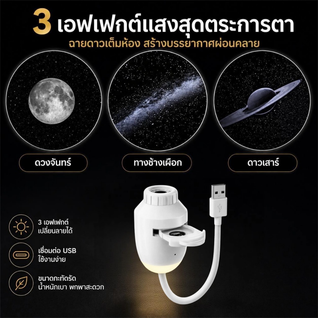 โปรเจคเตอร์ดาว USB กาแล็กซี่ทางช้างเผือก ปรับลายได้ สร้างบรรยากาศโรแมนติก สำหรับรถยนต์และห้องนอน