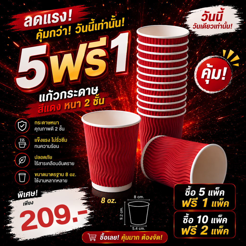 โปร5แถม ก้วกระดาษกาแฟ 2 ชั้น สีแดง 8oz รวม 6 แพ็ค พร้อมส่ง 25ใบ/แพ็ค ทั้งหมด 150 ใบ จับไม่ร้อนมือ