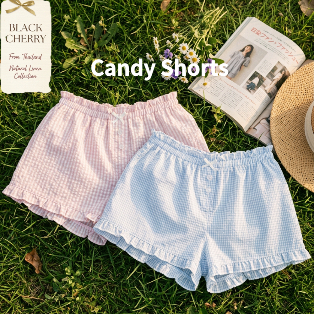 Candy Shorts กางเกงผ้าฝ้ายขาสั้น กางเกงขาสั้นแต่งระบาย-โบว์ สไตลล์น่ารัก ใส่สบาย | Black Cherry