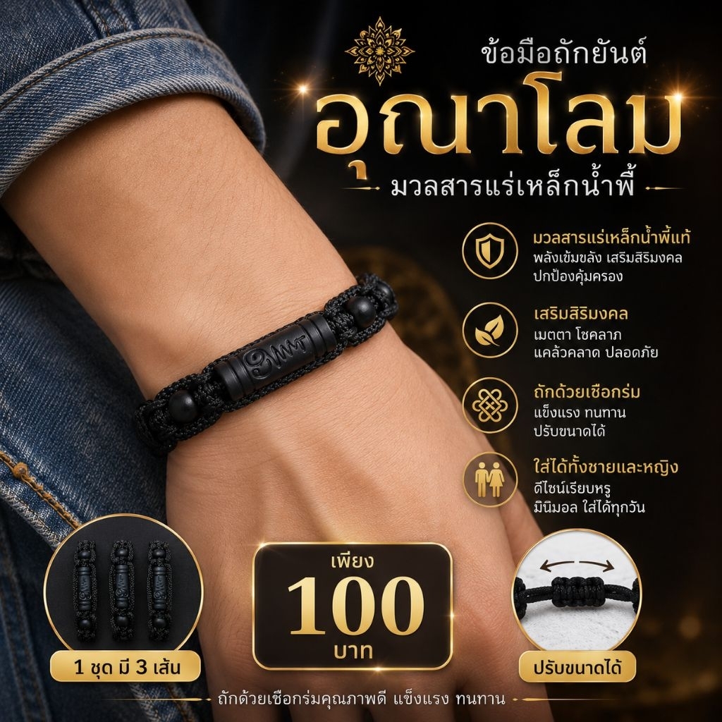 ข้อมือถักอุณาโลมแร่เหล็กน้ำพี้1ชุด3เส้น