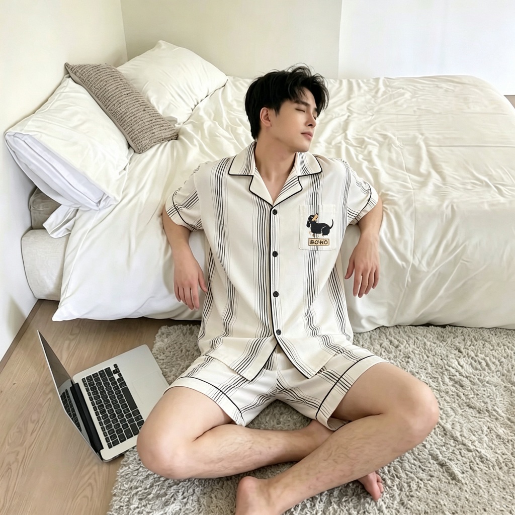 ชุดนอนผู้ชายสวมข้างนอกได้ 2 ชิ้น ผ้าไหมอิตาลี นุ่มละมุน เย็นระบายอากาศ ดีไซน์เรียบหรู