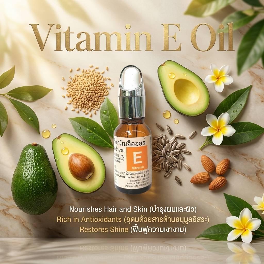 วิตามินอี น้ำมันวิตามินอี วิตามินอีออย Vitamin E Oil Pureพร้อมใช้ สำหรับใบหน้า ผม ผิว ปราศจากสารเคมี