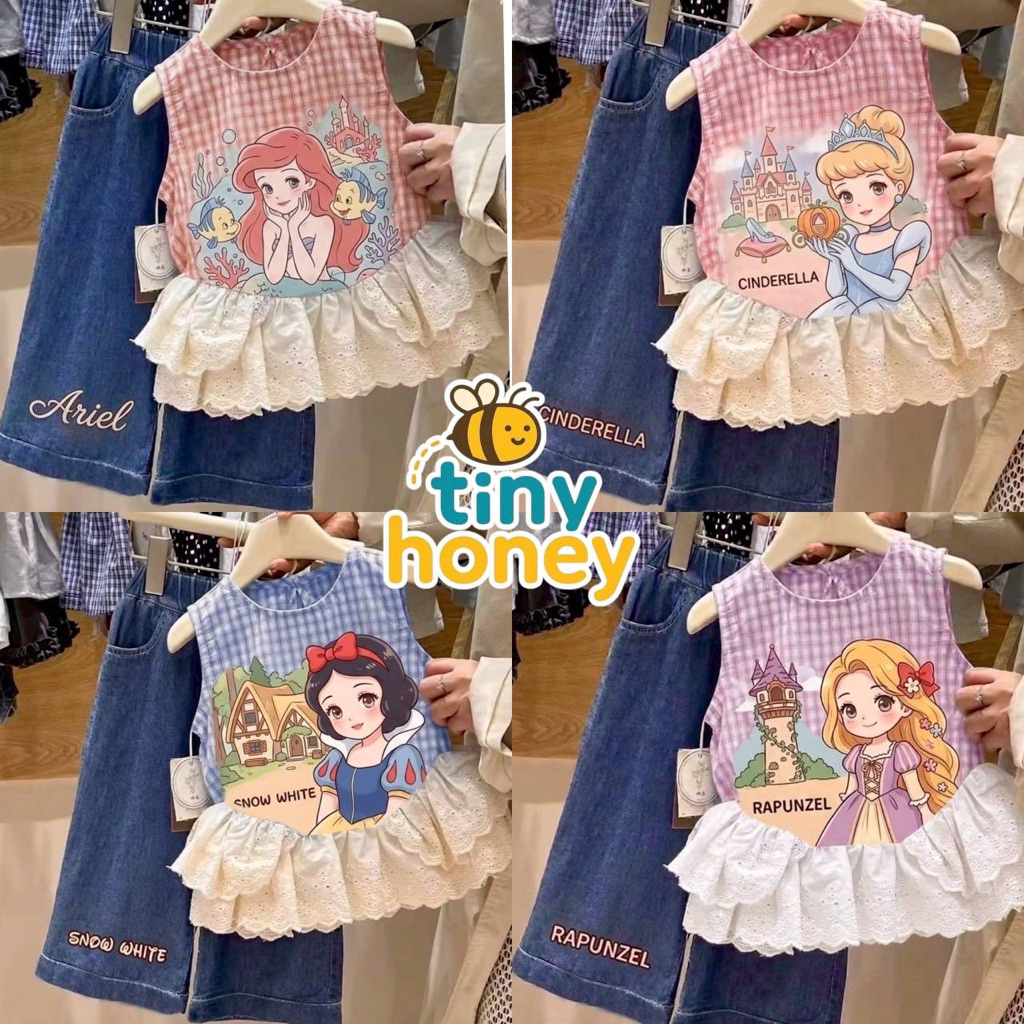 ชุดเจ้าหญิง กางเกงยีนส์  เสื้อพิมพ์ลาย แขนกุด แต่งลูกไม้