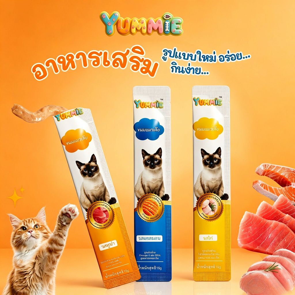 YUMMIE ขนมแมวเลีย ไม่ใส่สารกันบูด ไม่ใส่เกลือโซเดียมต่ำ น้องแมวชอบถูกใจ 3 รสชาติ อาหาร อุปกรณ์สัตว์เลี้ยง 15g