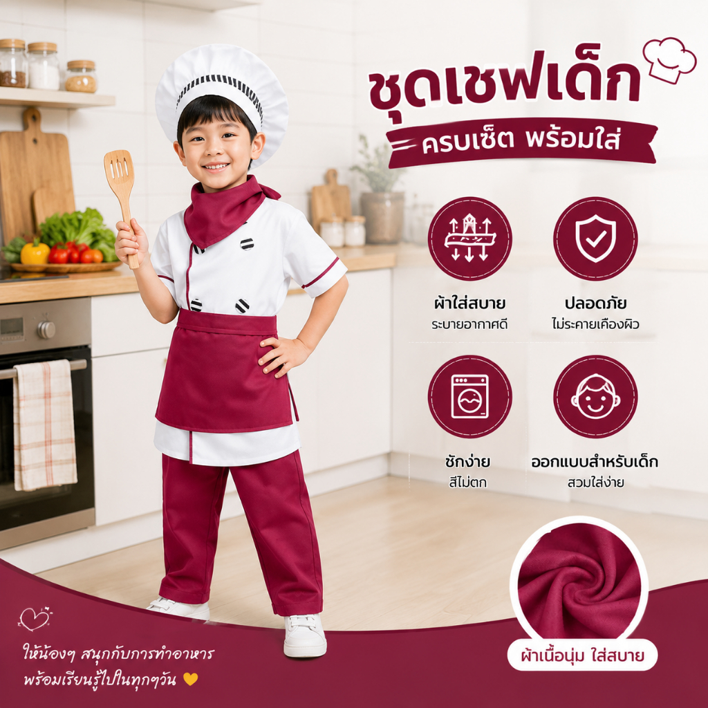 ชุดเชฟเด็กชายเด็กหญิง 4 ชิ้น หมวก+เสื้อ+ผ้ากันเปื้อน+กางเกง คอสเพลย์ทำอาหาร ส่งด่วน24ชม.
