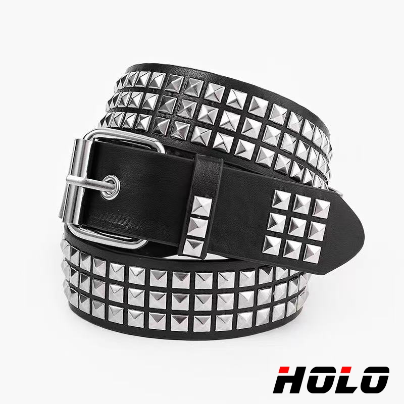 HOLO เข็มขัดผู้หญิงสไตล์พังก์ Y2K โกธิค แต่งหมุดพีระมิด สายคาดเอวแฟชั่น ดีไซน์เท่สำหรับลุคสตรีท