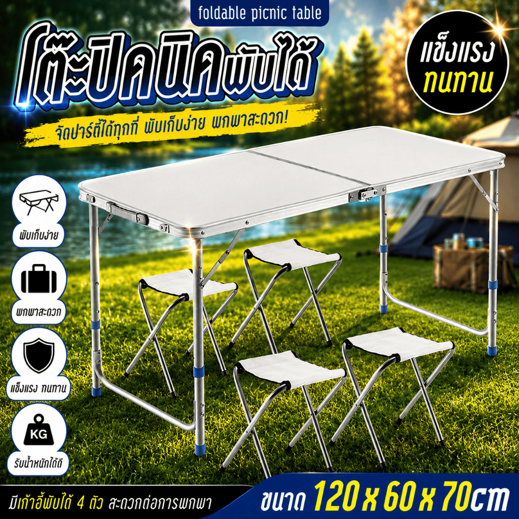 🔥ลดถูกสุด🔥โต๊ะพับ สีขาว พร้อมเก้าอี้ 4 ตัว พกพาสะดวก Folding Table ปรับระดับได้ แบบกระเป๋าพกพา รุ่น T2
