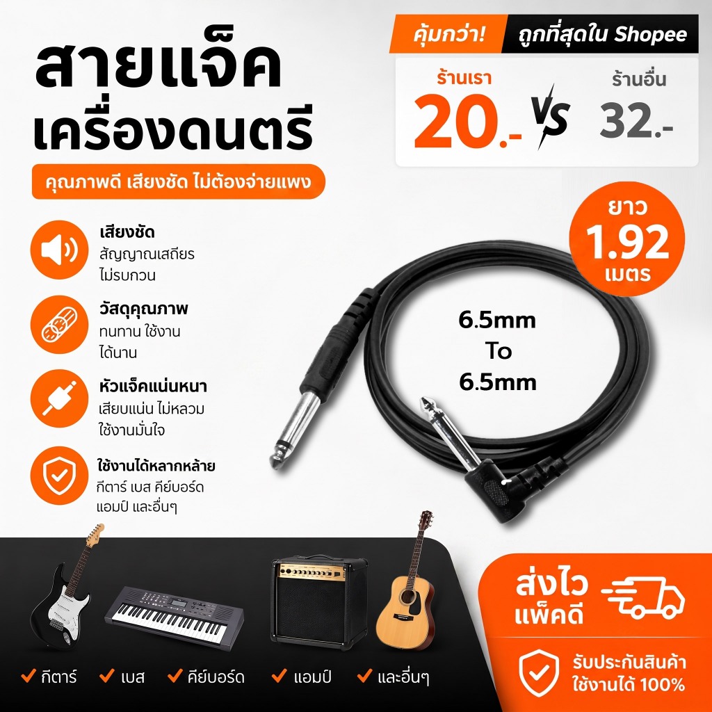 สายแจ็คสัญญาณเสียง 6.5 มม. Mono Jack Cable คุณภาพดี ความยาวสาย 1.5 สำหรับต่อกีตาร์ เบส