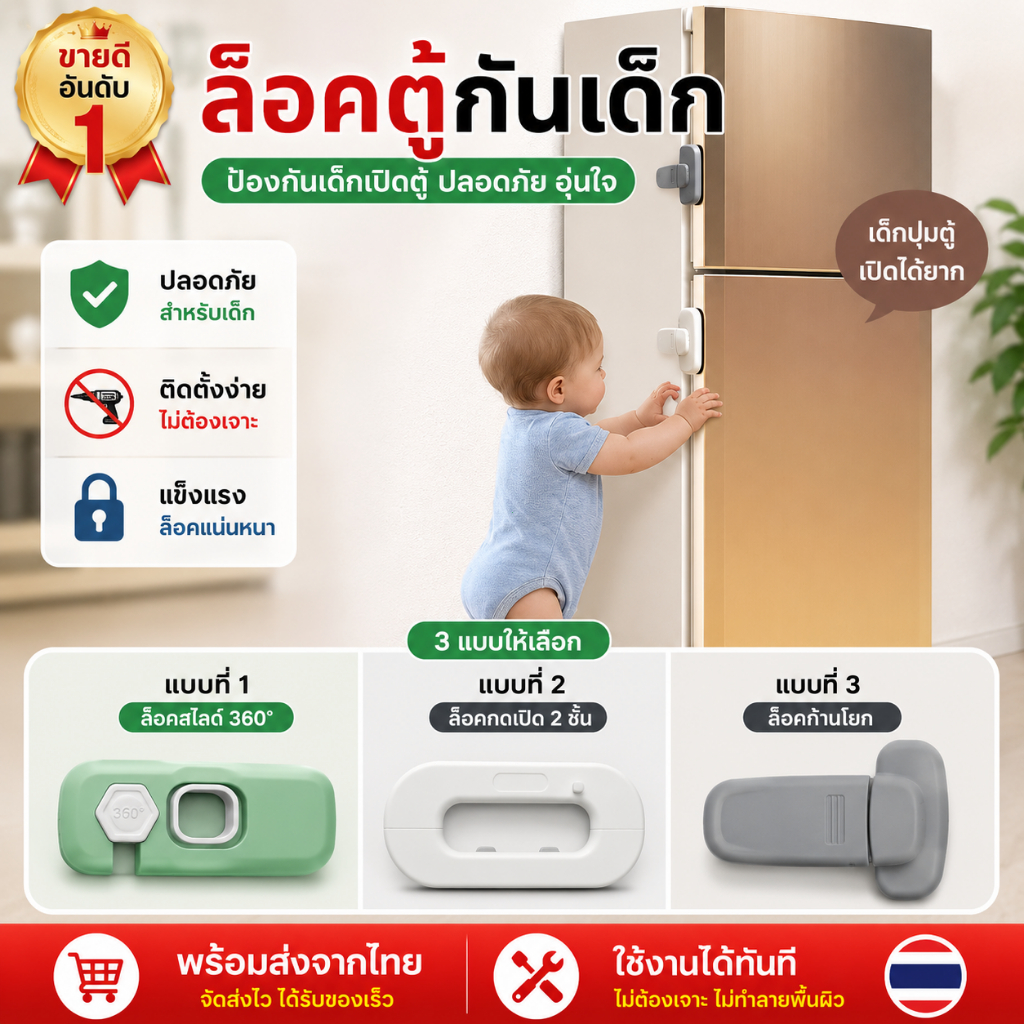 ตัวล็อคป้องกันเด็กสำหรับประตูตู้เย็น ตู้เก็บของ และลิ้นชัก ป้องกันเด็กและสัตว์เลี้ยงเปิดได้ ใช้งานได้หลากหลาย