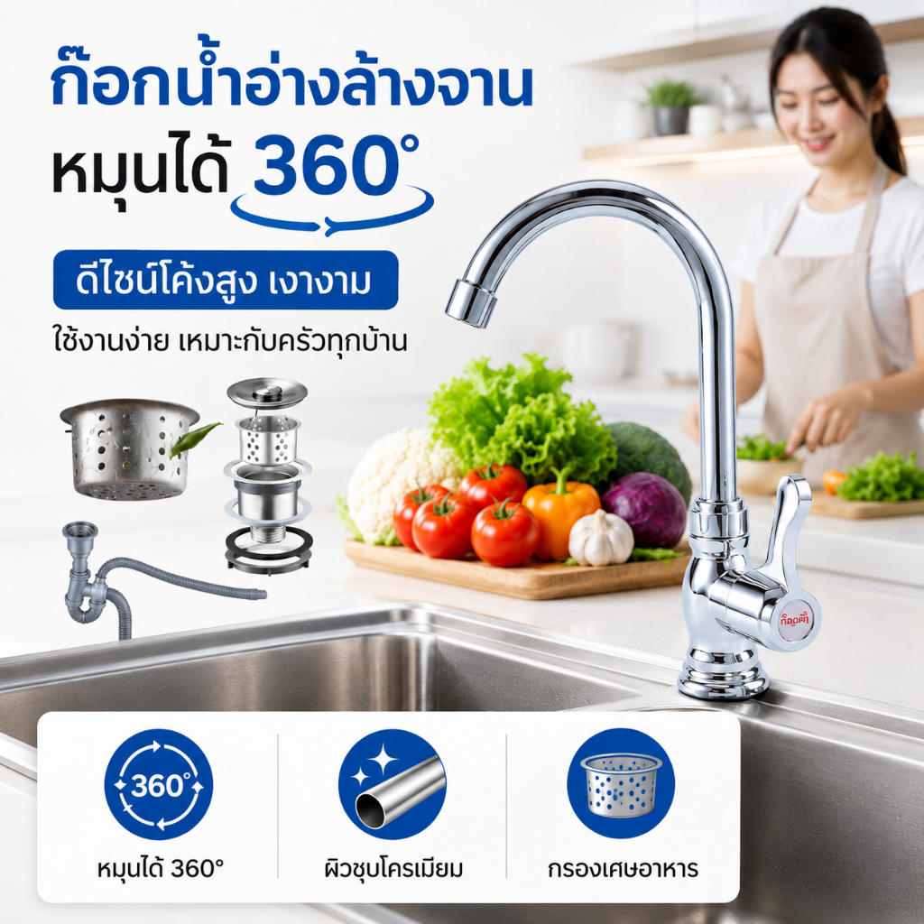 🚰【วัสดุคุณภาพดี】GRACE ก๊อกน้ำซิงค์ สแตนเลส หมุน 360 องศา พร้อมสะดืออ่างและสายน้ำดี COD