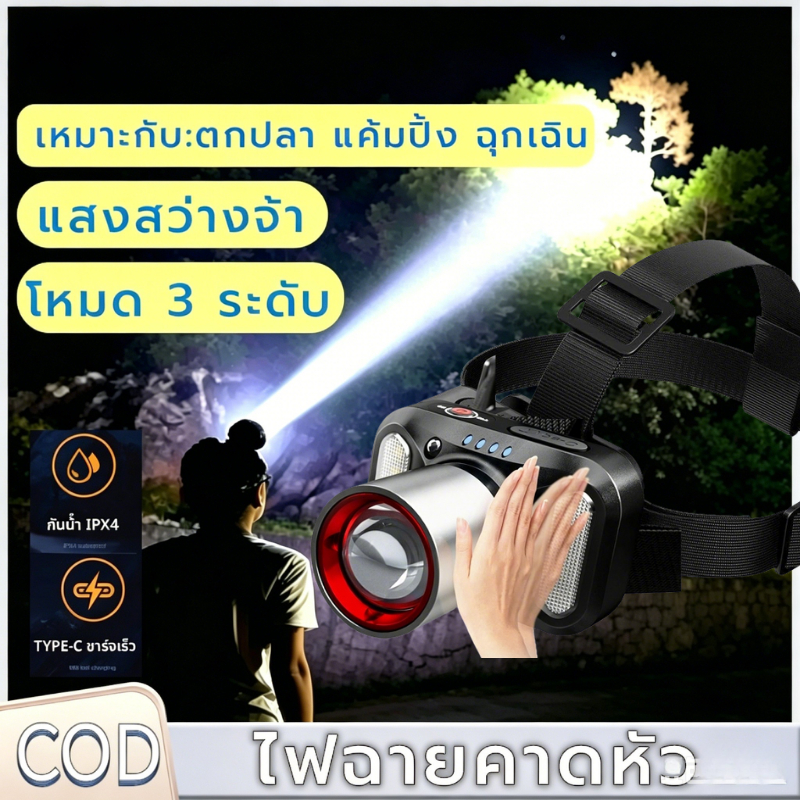 ไฟฉายคาดหัว ไฟคาดหัว ส่องไกล ไฟหน้า ชาร์จไฟได้ กันน้ําIP65 การเดินป่ากลางแจ้ง LEDที่สว่างเป็นพิเศษ การปีนป่ายกลางคืน