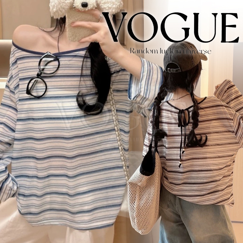 Vogue🌟พร้อมส่ง🌟 เสื้อยืดแขนยาวลายทาง ทรงโอเวอร์ไซส์ ดีเทลผูกเชือกใส่สบาย (FY3632)
