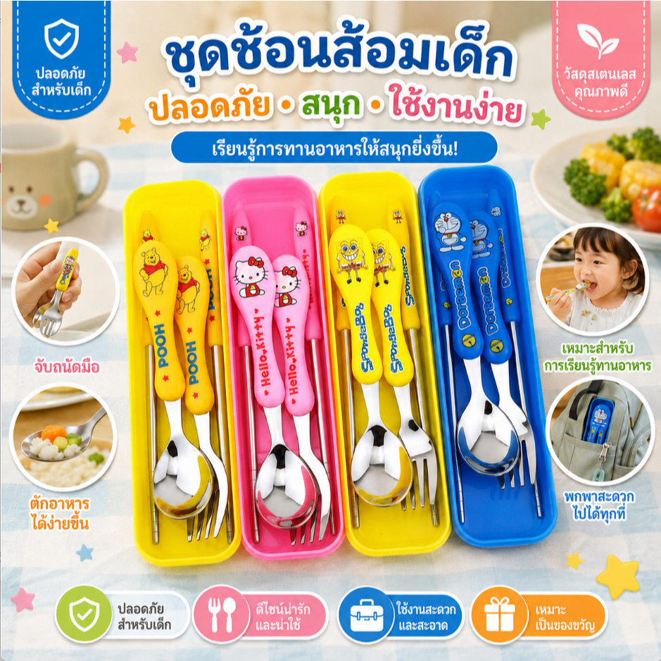 Newชุดช้อนส้อม ช้อนส้อมพกพา ลายการ์น น่ารัก 3 ชิ้น ช้อน ส้อม ตะเกียบ พร้อมกล่องใส่ ทำจากสแตนเลส