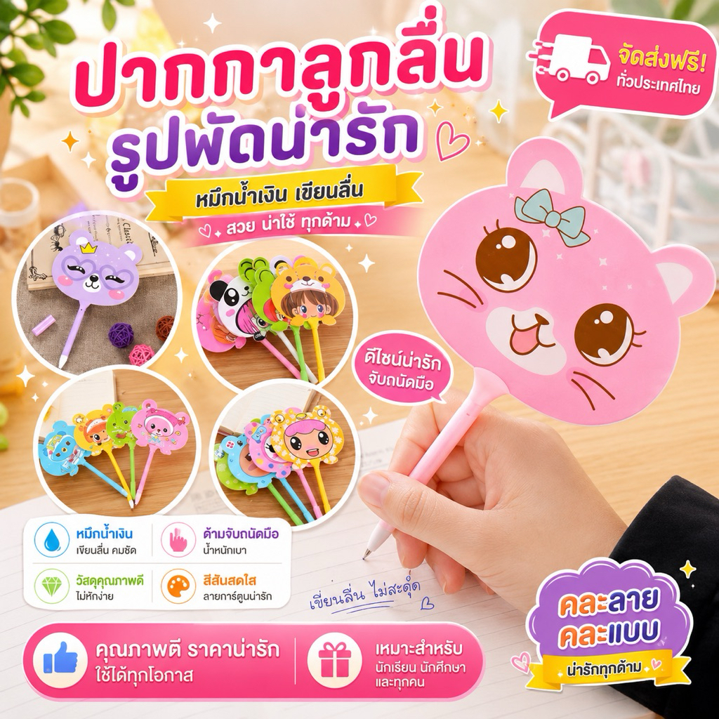 kingshopping(2941）ปากกาลูกลื่น(รูปพัด)  ปากกาการ์ตูน ขนาดหัว 0.5 มม หมึกน้ำเงิน สุ่มลาย