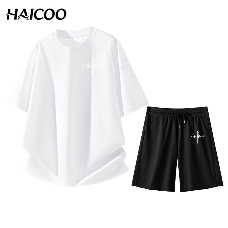 HAICOO [220G ผ้าหนา 100%] ชุดเซ็ตผู้ชาย ไซส์ใหญ่ S-5XL เสื้อยืด กางเกงขาสั้น