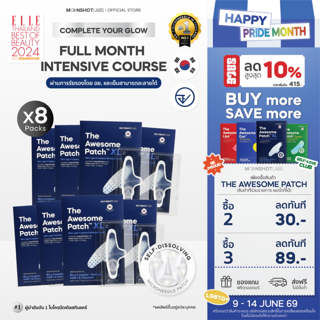 [8 Packs] The Awesome Patch XL – กู้ริ้วรอยร่องลึกบนหน้าผากแบบเร่งด่วน มาร์กเข็มลดริ้วรอย แผ่นไมโครนีดเดิล 3,800 เข็ม
