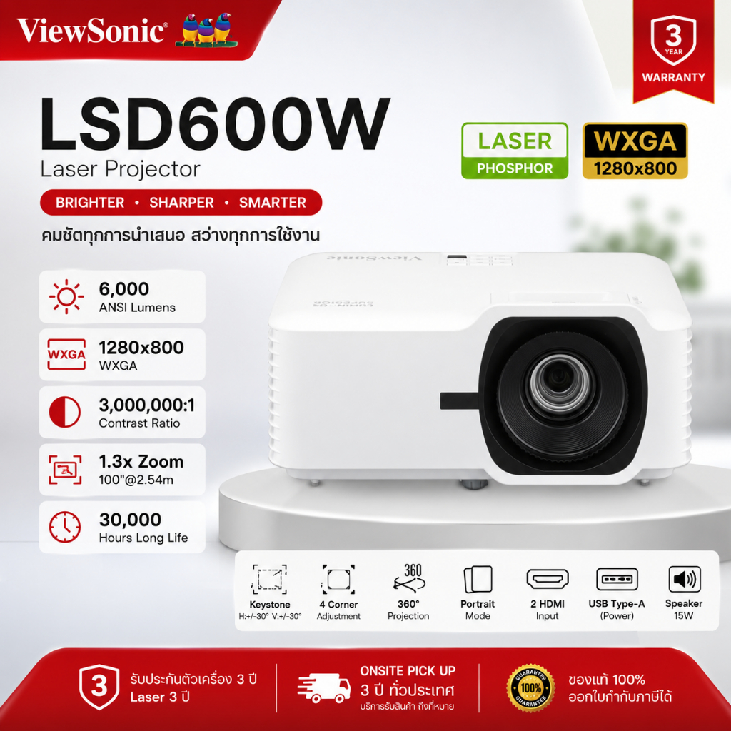 โปรเจคเตอร์ ViewSonic LSD600W 6000 Lumens WXGA 1280x800 สำหรับห้องเรียน ห้องประชุม HDMI x2
