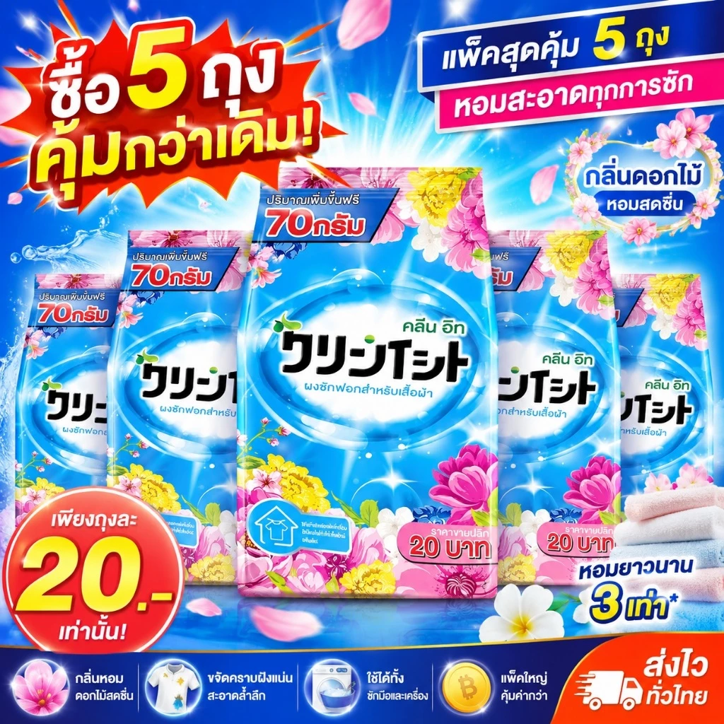 Kleenit ผงซักฟอก 370G*5ถุง ลดอับกลิ่น เทคโนโลยีจากญี่ปุ่น ขจัดคราบ ผงซักผ้า สำหรับผ้าขาวและผ้าสี