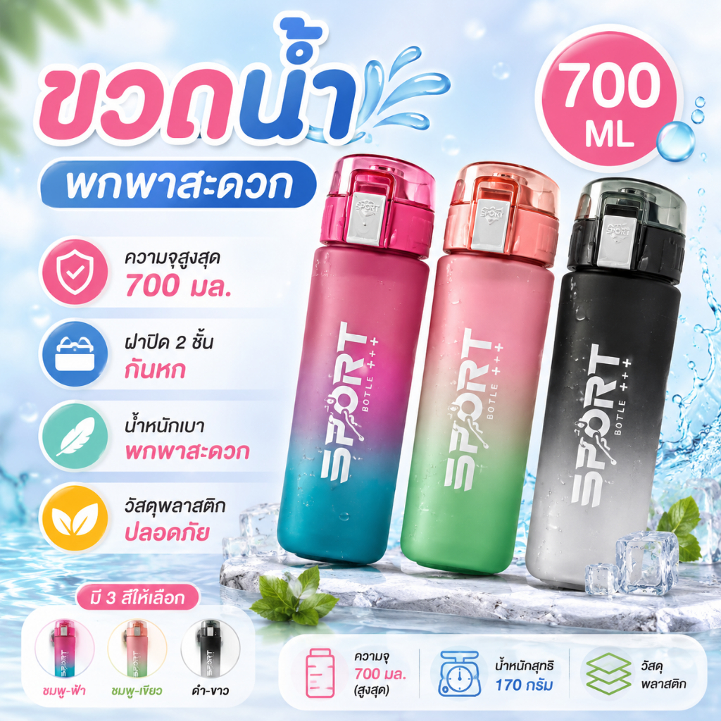 ขวดน้ำพลาสติก ขนาด 700 มิลิลิตร  วัสดุทำมาจาก PC เกรดดี แข็งแรง สี 3 สีแบบทูโทน