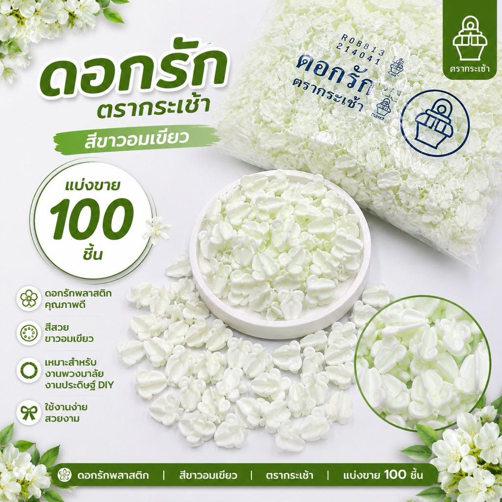 ดอกรัก ตรากระเช้า สีขาวอมเขียว 100ชิ้น