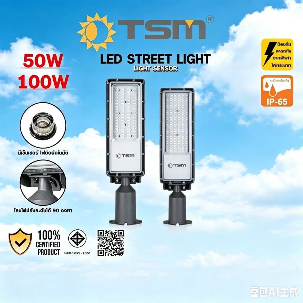 AC-220Vโคมไฟถนนมีเซ็นเซอร์ โคมไฟ LED 50W 100W 150W 200W รุ่น TSM-AC50S,TSM-AC100S TSM-AC150STSM-AC200S