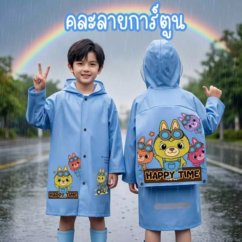 เสื้อกันฝนสำหรับเด็กชายและเด็กหญิง กันน้ำพร้อมที่คลุมกระเป้าหลัง ลายน่ารักคมชัด