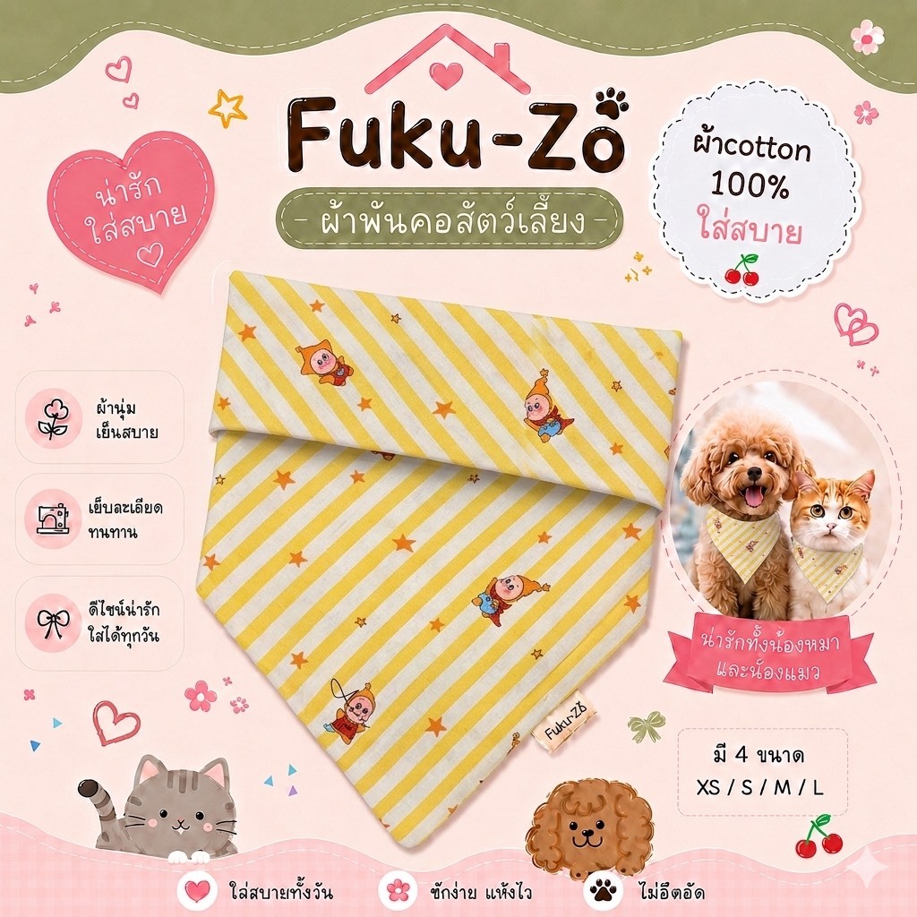 Fuku-Zo - ผ้าพันคอสัตว์เลี้ยง ผ้าพันคอหมาแมว ผ้าcotton100% | ลาย F031