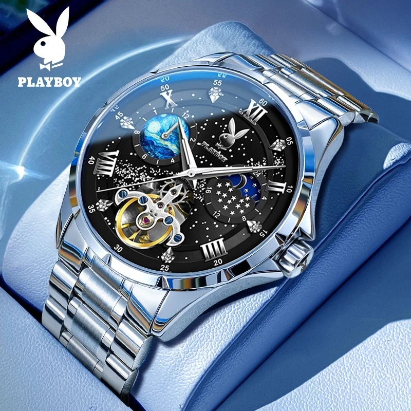 PLAYBOY นาฬิกาผู้ชายแท้ เครื่องกลอัตโนมัติ นาฬิกาข้อมือกันน้ำ สายสเตนเลส รับประกัน 3 ปี ของขวัญวันวาเลนไทน์ วันพ่อ 3049